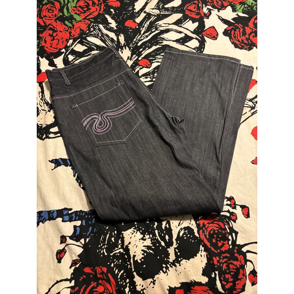 EST. Mens Dark Wash Wide Leg Baggy Jeans Purple Contrast Stitching Size 38 Y2K
